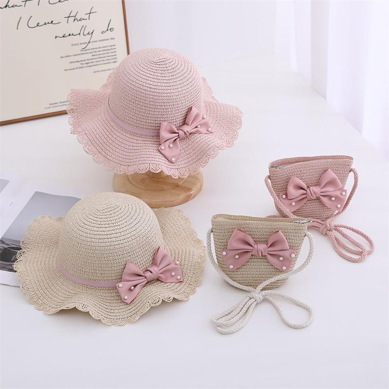 3-8 Years Little Girl Beach Straw Hat And Bag 2pcs Set Summer Travel Princess Bowknot Children's Sun Cap