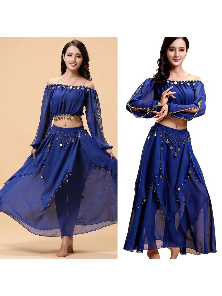 Set Costume Danza del Ventre a Maniche Lunghe da 2 Pezzi per Donne Tessuto Morbido in Chiffon Outfit da Ballo Outfit per Esibizioni Professionali
