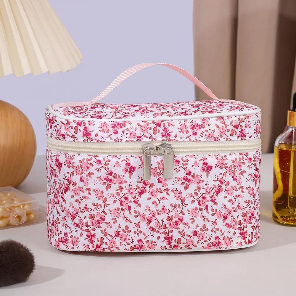 Women Cotton Makeup Bags Vintage Cosmetic Case Flower Large Capacity Tote Portable Cosmetic Storage Handbag Travel Organizer Bag