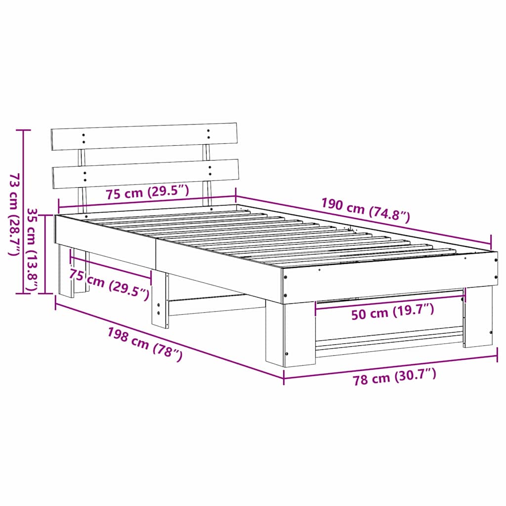 Brown Bed Frame with Headboard 75 X 190 Cm Solid Pine Wood