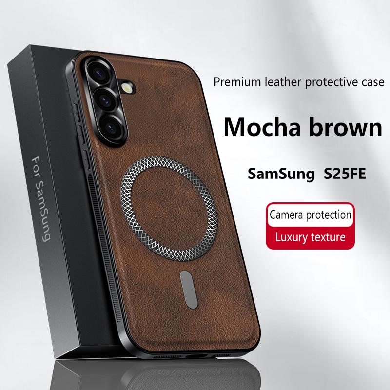 For Samsung Galaxy S25 FE Case Magnetic Elegant Leather Wear-Resistant Lens Fully Covered Non-Slip Grip Edge Cover Shell
