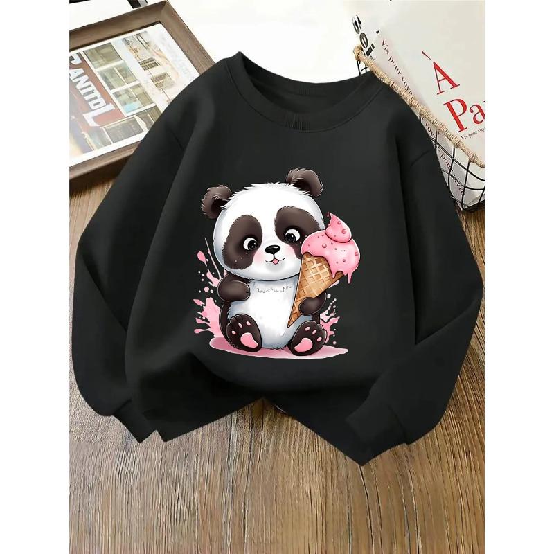 European sizes Crewneck Sweatshirt for Kids Featuring an Adorable Panda with a Pink Ice Cream. Perfect for Sports And Casual Outings