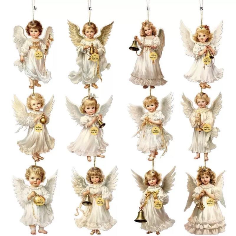 Vintage Christmas Angel Wooden Hanging Ornaments 12Pcs Rustic Wood Pendants for Xmas Tree Party Home Holiday Decor