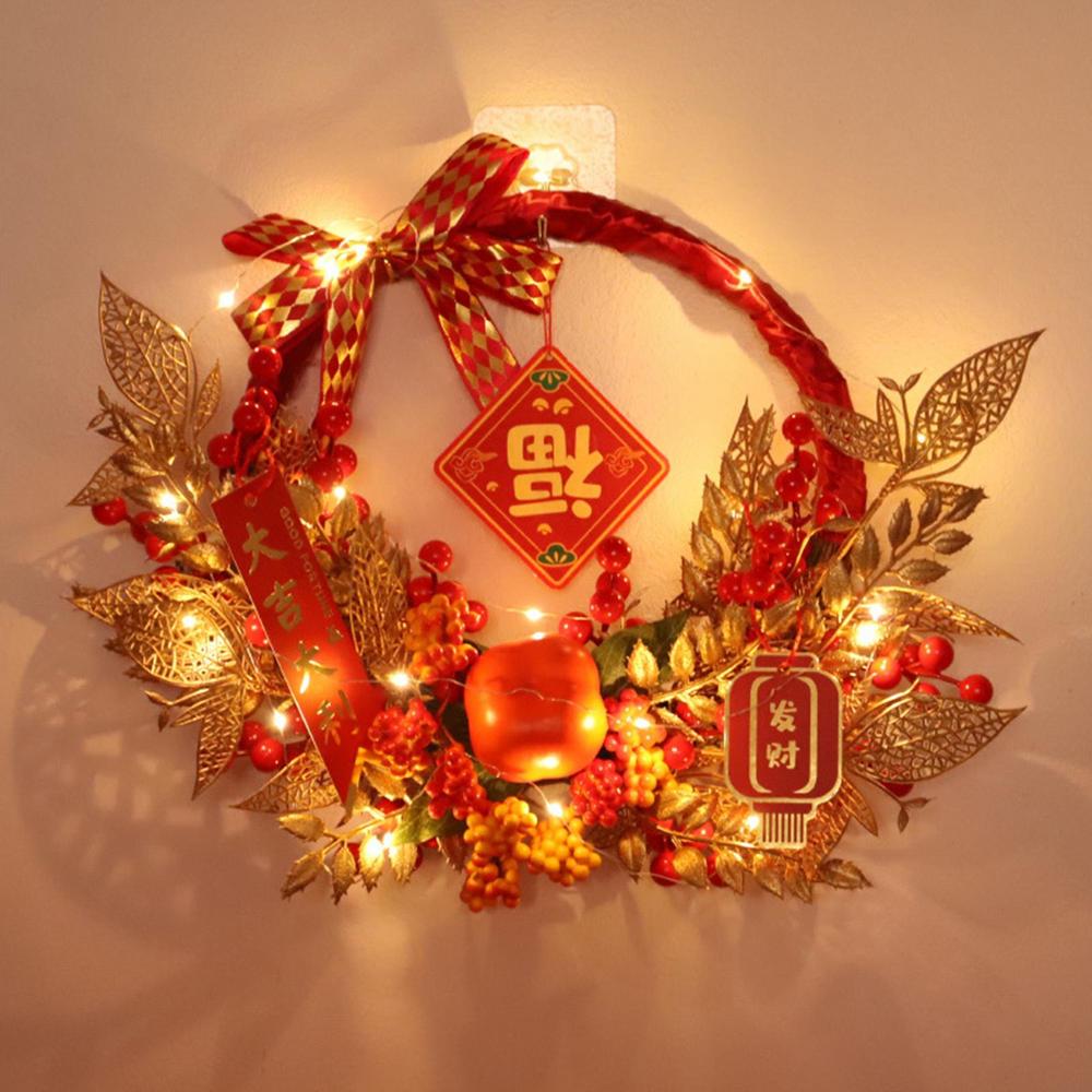 New Year Red Artificial Flower Ornament Good Luck Traditional Chinese Signs Front Door Wreath Artificial Wreath Built-in Led