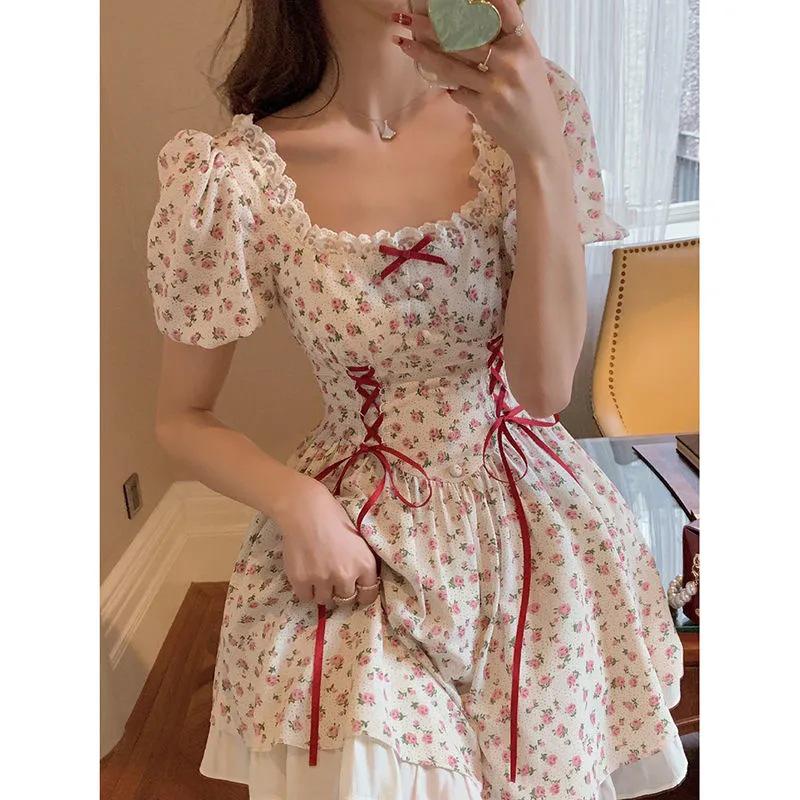 2026 Summer Floral Puff Sleeve Dress with Bow Tie & Lace Ruffle