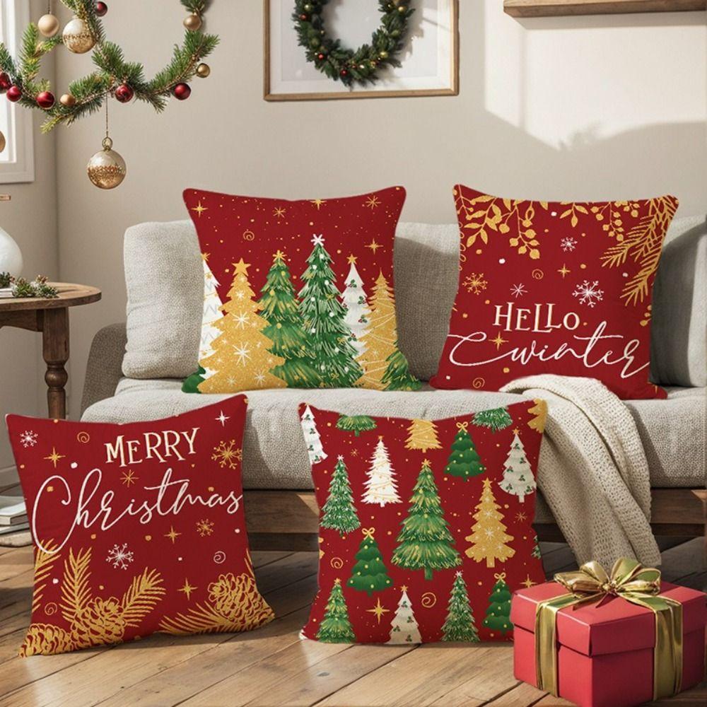 Polyester Christmas Cushion Cover Christmas Tree Printed Decorative Design Pillowcase Checkered Pattern Sofa Decoration