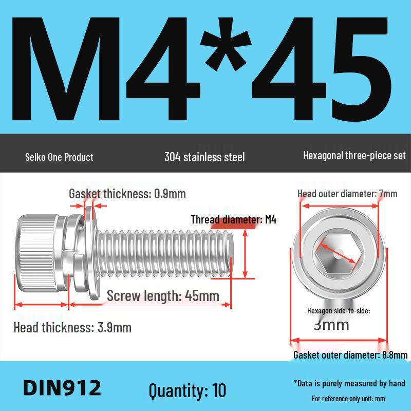304 Stainless Steel Hex Socket Cap Screw with Washer - Sizes M3, M4, M5, M6, M8, M12