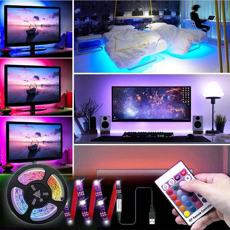USB 5V RGB LED Strip Light with 24-Key Remote, Stepless Dimming for TV and Indoor Use