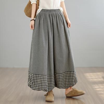 DIMANAF 2026 Summer Beach Plus Size Long Pants Women Plaid Black Elastic Waist Loose Vintage Casual Trousers Pants Print Bottoms