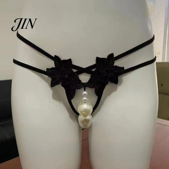 Open Crotch Thong Women's Sexy Faux Pearl G-String Thong, Low Waist Erotic Lace Embroidered Flower Underwear, Strappy Y-Back Stretch Panties Underwear