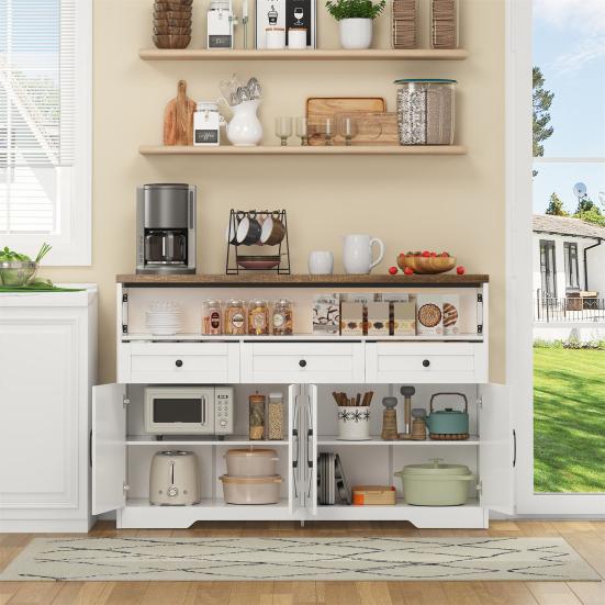 Buffet Sideboard 140cm with Storage Space, Coffee Bar with 3 Drawers, Country Style Console with Doors, Cupboards with Shelves, Suitable for Kitchen,