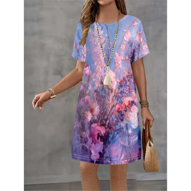 

Women s Summer Flower Printed Short Sleeve Round Neck Dress 2025 Fashion New Style Design Sense Elegant Women s Mini Dress S