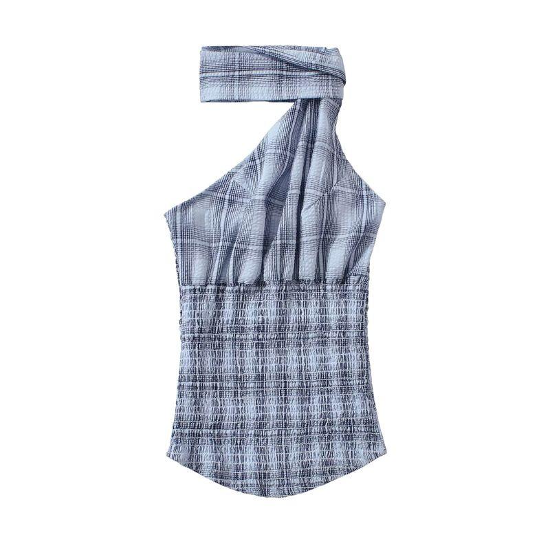 

Kaslead New Arrival Women s Clothing Fashion Style Fashion Minimalist Gingham Halter Top Half-Length Short Pantskirt Top L