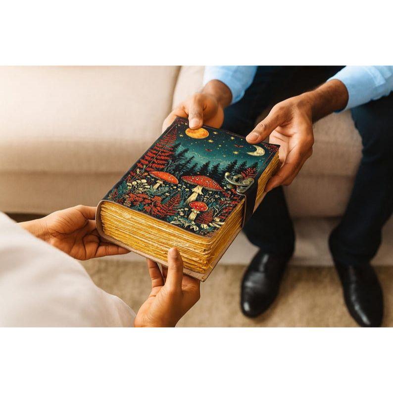Mushroom Leather Grimoire: Handmade Deckle Edge Book of Shadows
