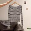 Lazy Beige Striped One-neck Knitted Bottoming Shirt Cardigan Long-sleeved Women's Autumn Inner with Off-shoulder Top
