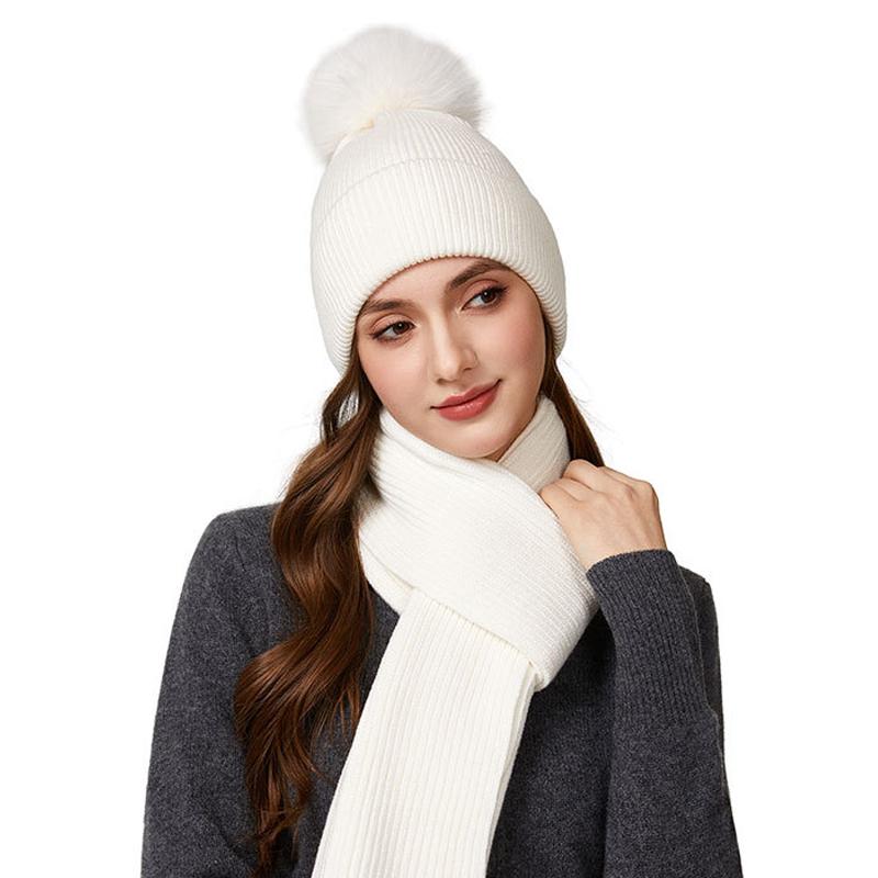 Autumn Winter Knitted Hat Scarf Two-Piece Set Women's Velvet Wool Hat Warm Pullover Hat Long Scarf Set