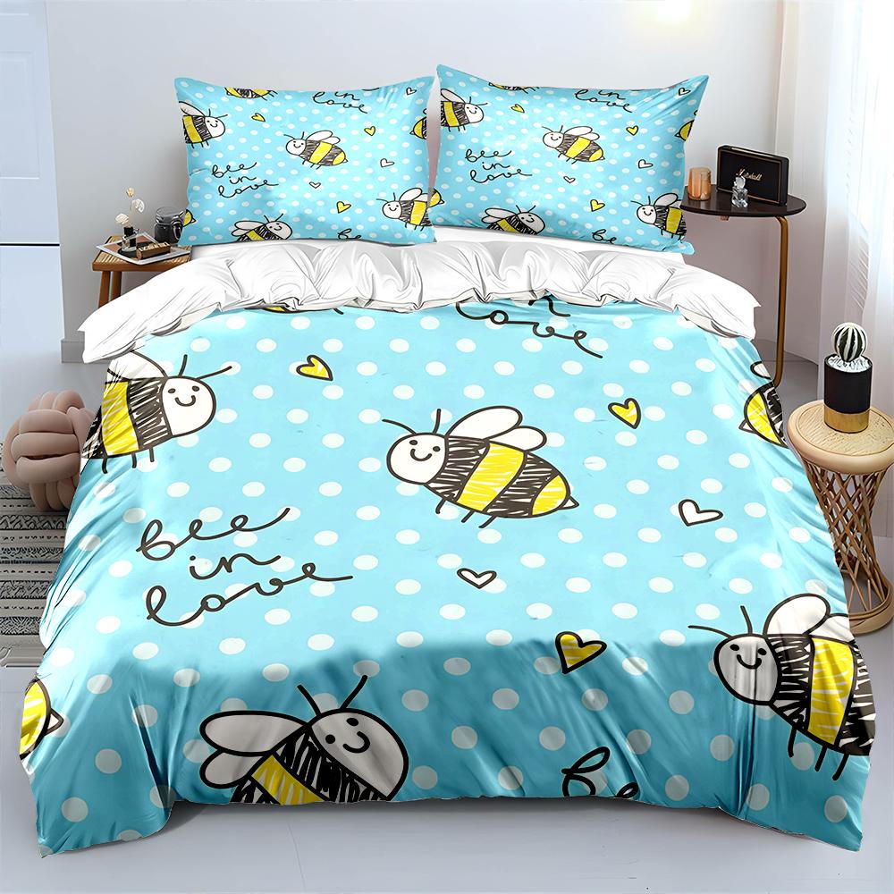 Cute Hand-drawn Bees with Hearts Pattern Bedding Set 1 Duvet Cover 2 Pillowcases for Adult and Children Luxury Gift Full Size