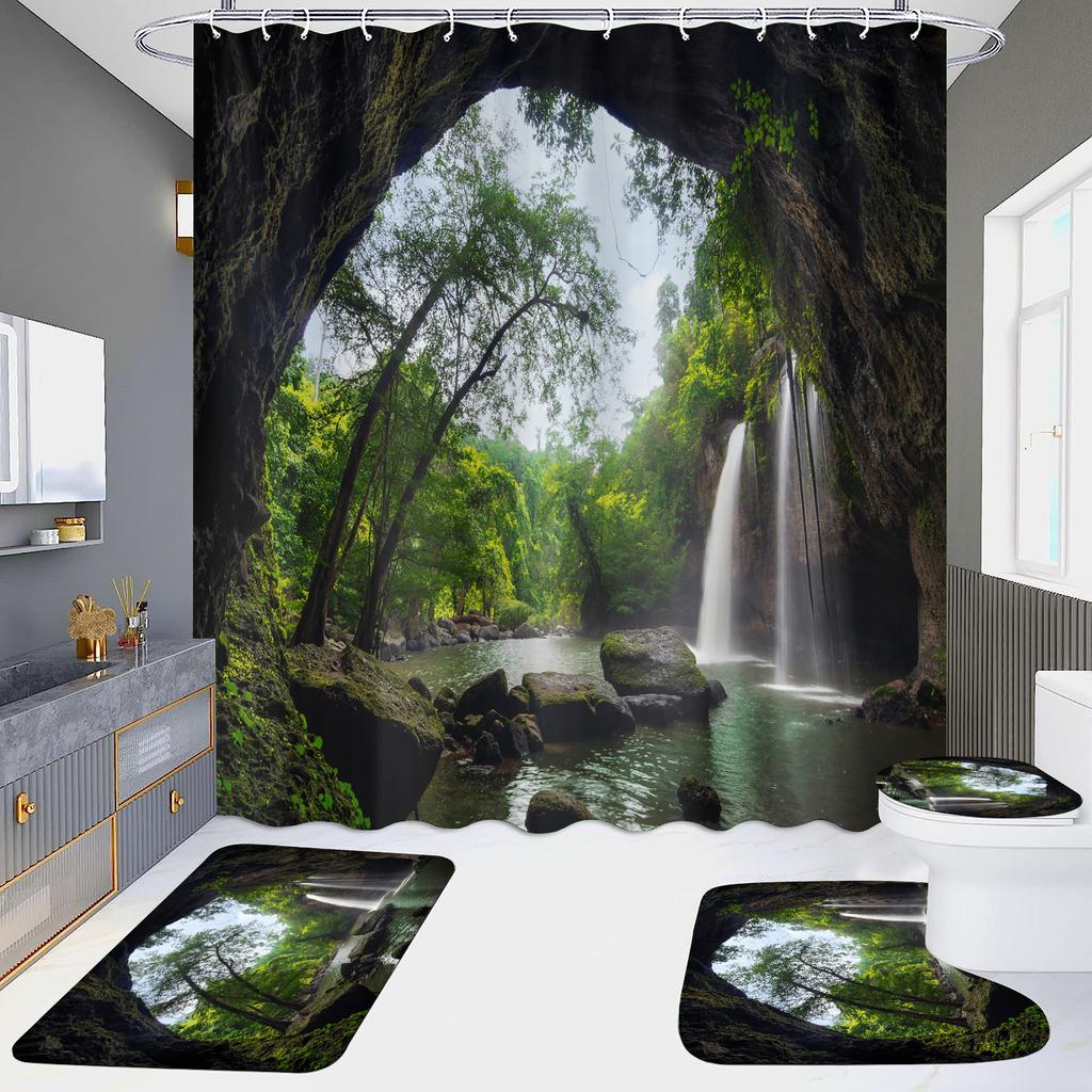 High Definition Digital Printing Shower Curtain Four-Piece Set Of Non-Punching Bathroom Bathroom Bathroom Partition Curtain Landscape