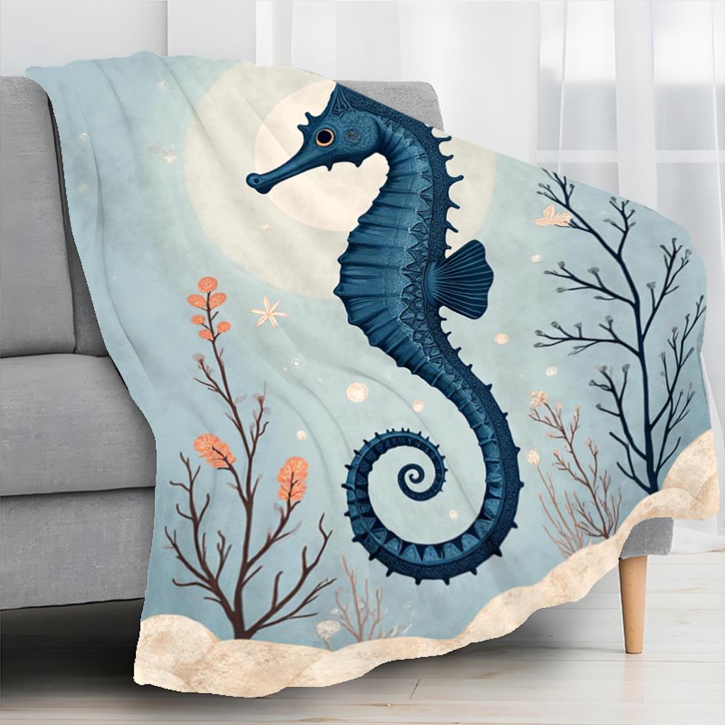 Blue Ocean Seahorse Pattern Flannel Printed Blanket Suitable for All Seasons Suitable for Living Room Office Sofa and Travel