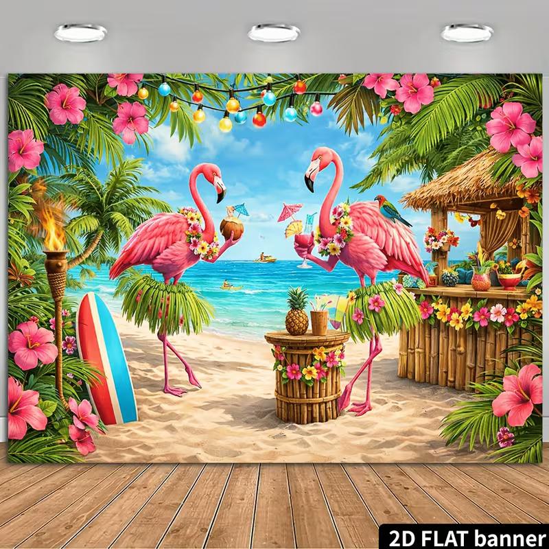 2D Bright Tropical Beach Backdrop with Flamingos for Summer Photoshoot