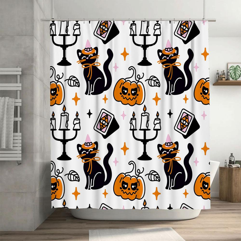 Halloween-themed shower curtain featuring cute black cats and pumpkins waterproof bathroom decor for kids' rooms or holiday part