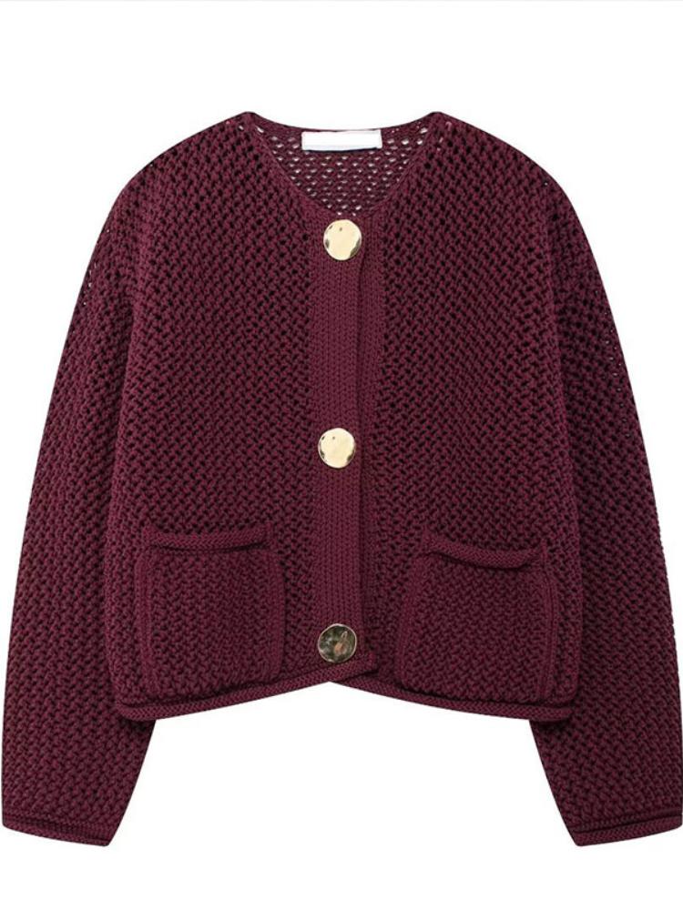 

Элегантный однотонный вязаный крючком шерстяной жилет для женщин, шикарный однобортный жилет с круглым вырезом и карманами, вязаный жилет 2024 года, осенняя женская уличная одежда L вино красного