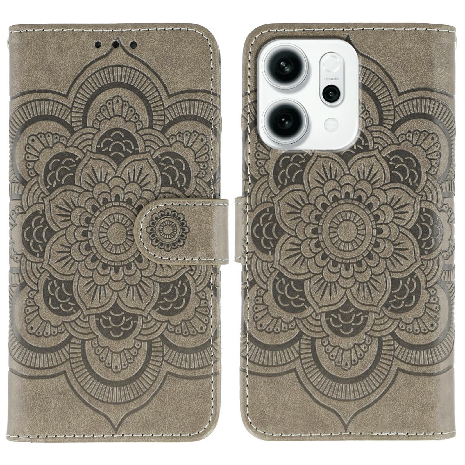 

For Oppo Reno14 F 5G Case PU Leather Mandala Imprinted Design Wallet Phone Cover with Wrist Strap Grey