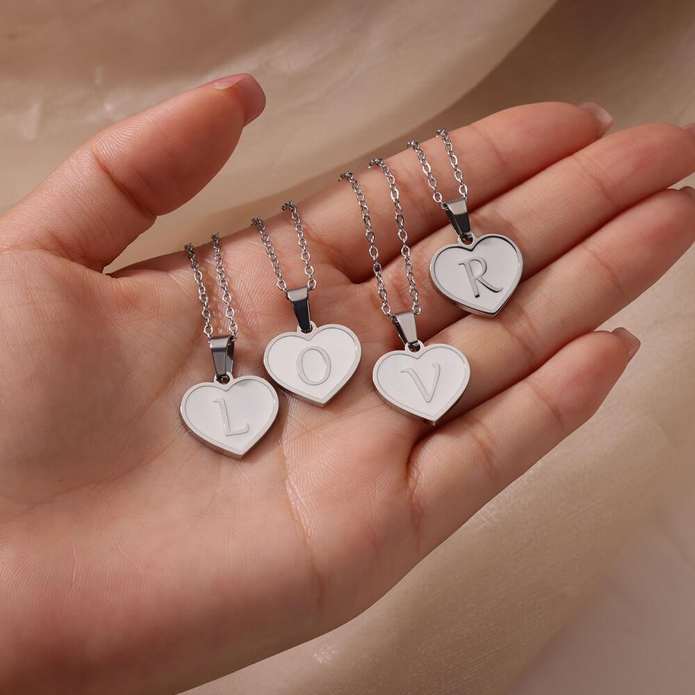 Stainless Steel Initial Letter Enamel White Heart Necklaces for Women Cute Name Pendant Charm Necklace Zircon Prom Accessories