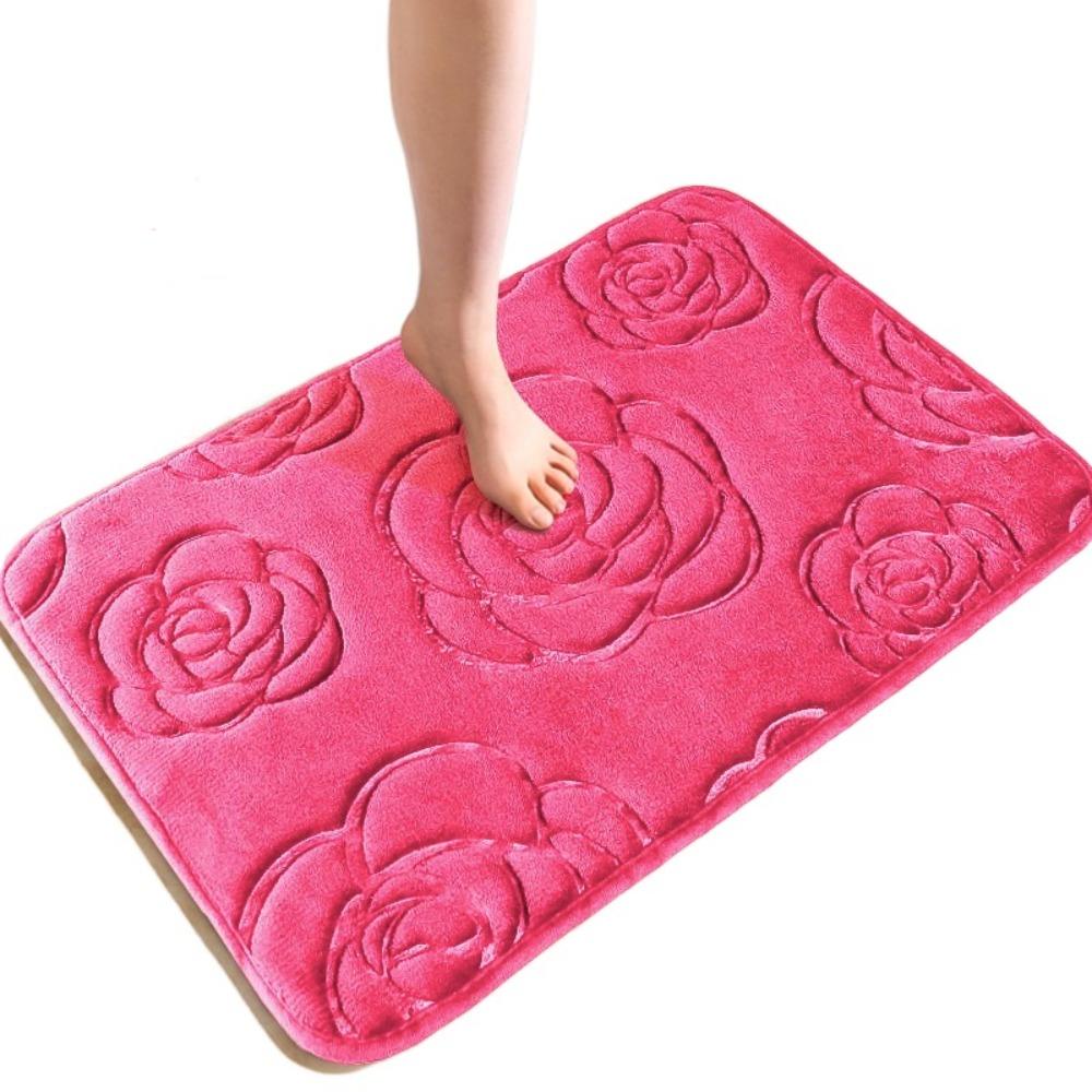 Machine Washable Rose Pattern Floor Mat Square Non-Slip Mat Coral Velvet Carpet  Bathroom