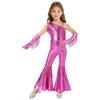 Girls Sequined One Shoulder Jumpsuit Sleeveless Disco Dance Costume High Waist Flared Design Tassel Details Gloves Included