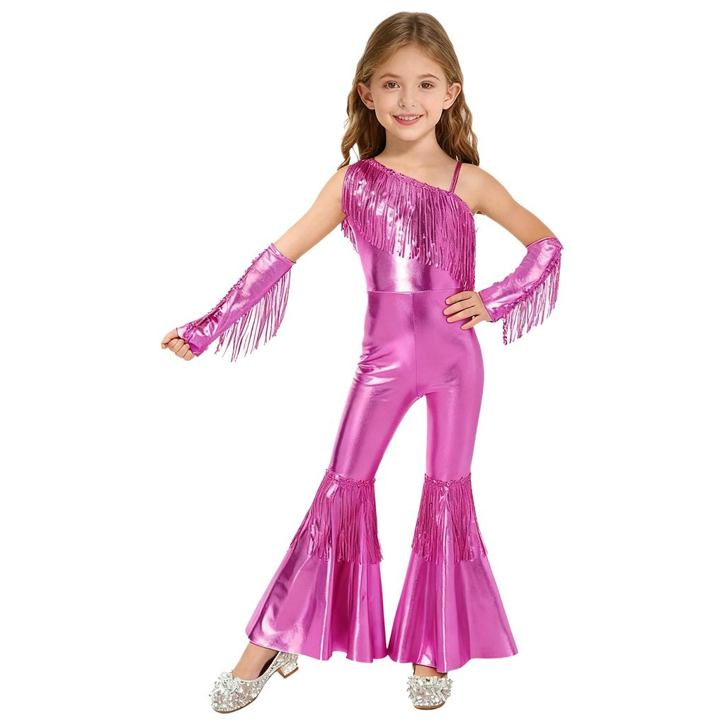 Girls Sequined One Shoulder Jumpsuit Sleeveless Disco Dance Costume High Waist Flared Design Tassel Details Gloves Included