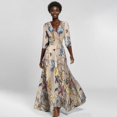 Women Maxi Dress V-Neck Half Sleeve High Waist Long Dress Floral