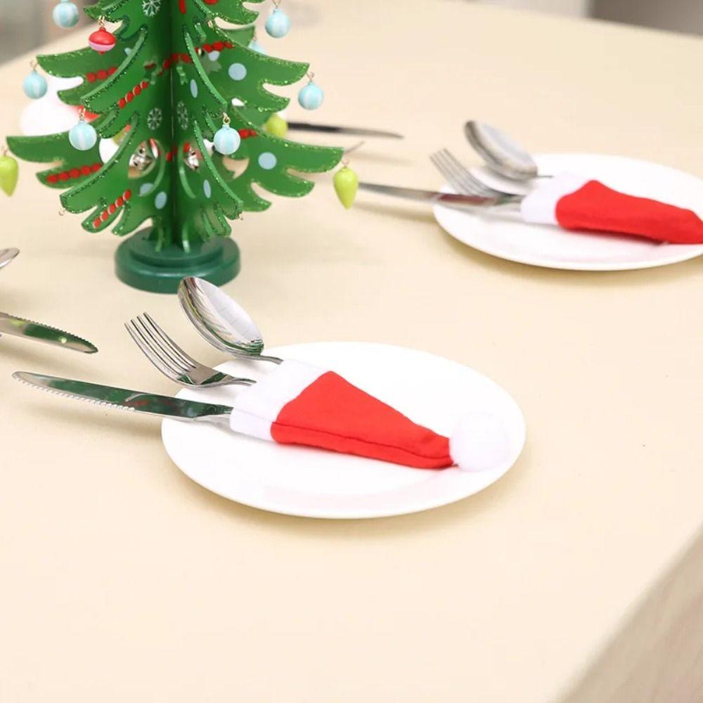 10Pcs Pulled Flannel Christmas Hat Cutlery Cover Cartoon Christmas Hat Fork Cutlery Bag Home