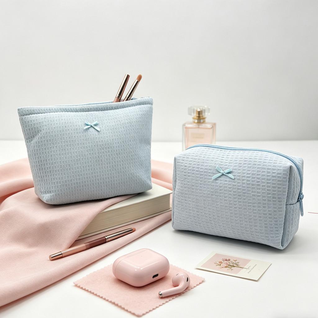 Waffle Makeup Bag With Butterfly Bow For Travel And Home Storage