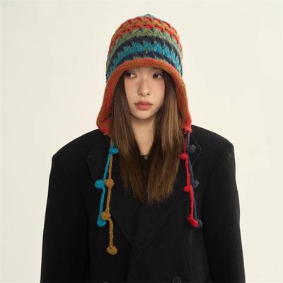Korean Version, Fashion Designer Style, Handmade Crochet Hook, Colorful Ball Yarn Hat, Women's, Autumn and Winter, Lace Up Tassel Pullover Cold Hat