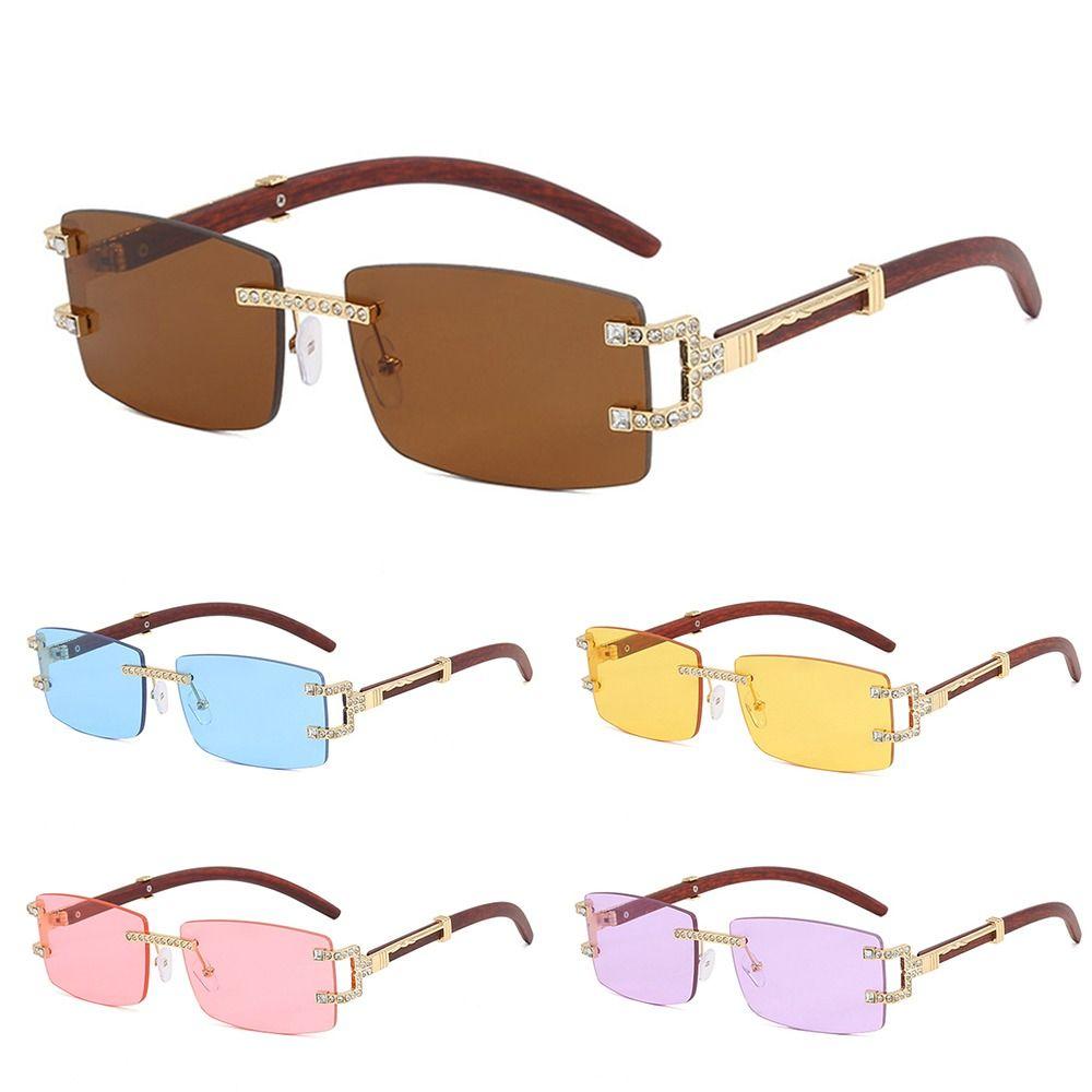 

Rhinestone Women s Rimless Sun Glasses Wood Square Eyewear for Beach Travel Streetwear