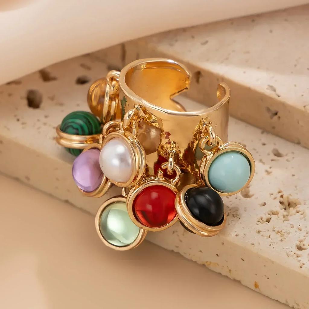 Vintage Natural Stone Multi-Pendant Tassels Pendant Open Ring Women'S Exaggerated Beaded Heart Ring Wedding Party Boho Jewelry