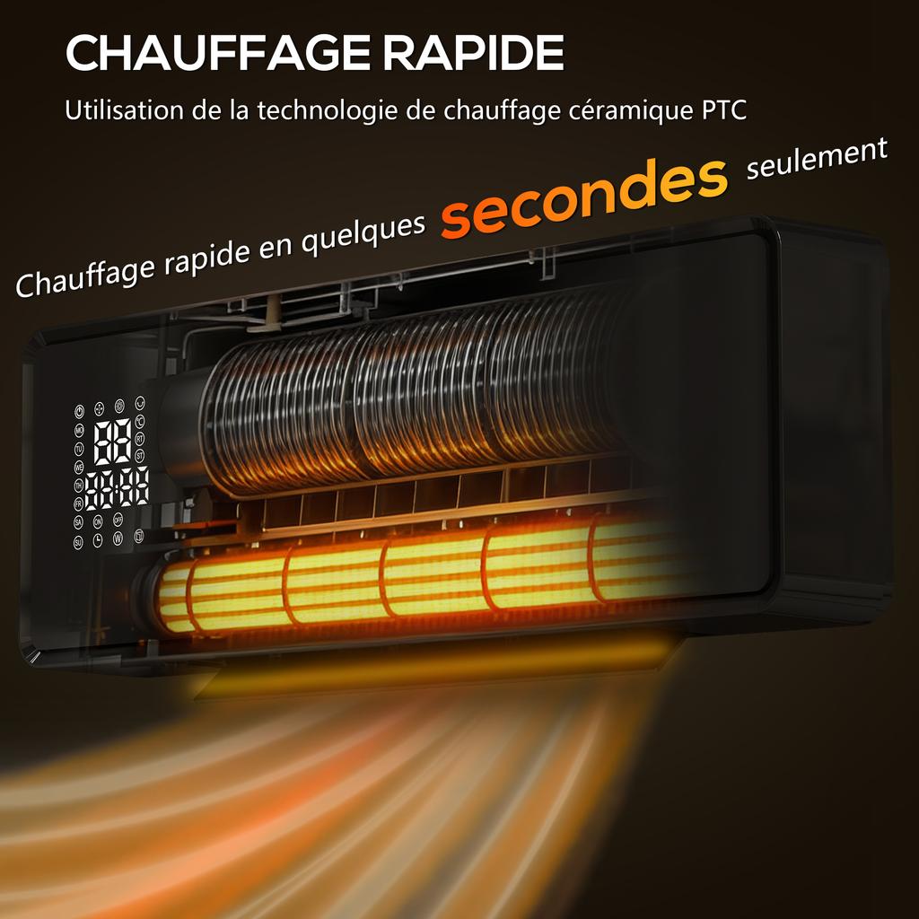 Ceramic Wall Heater 1000/2000W, Electric Radiator, Fan, Thermostat, Timer, 54x18.7x12.3cm, Black