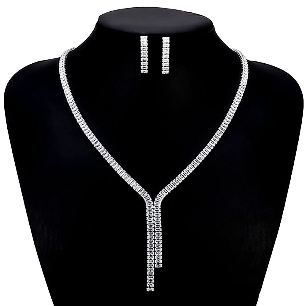 [NEOGLORY] JEWELRY Necklace & Earrings 2-Piece Set, High-Quality Bridal Cubic Zirconia, Y-Shape, Simple, Dangle, with Jewelry Box (NEOGLORY) (Type C)