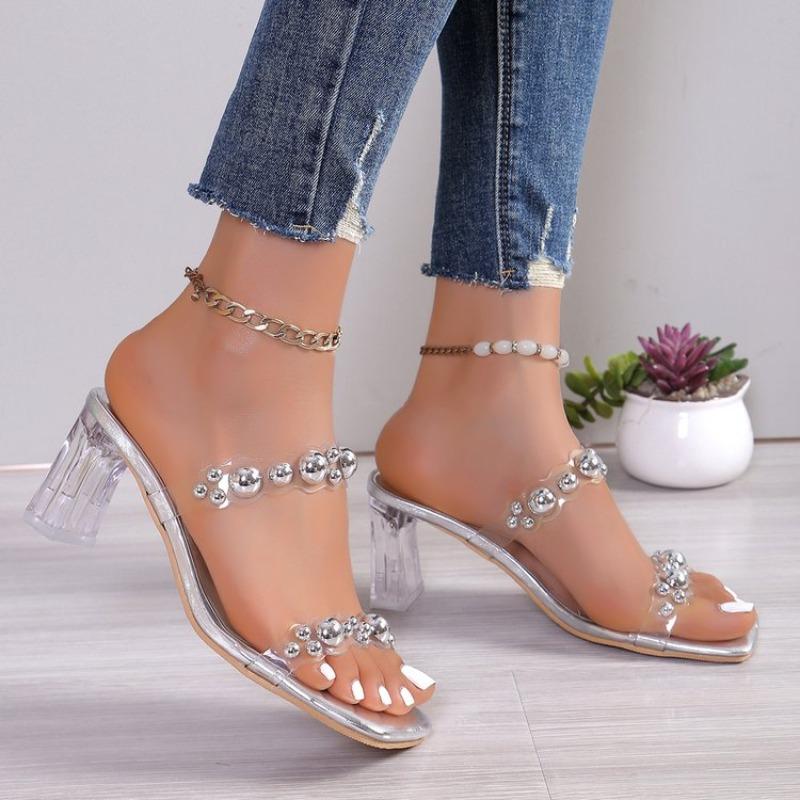 Transparent Rhinestone Heels Sandals Women's Summer Open Toe High Heels Slippers Woman Fashion Crystal Party Plus Size