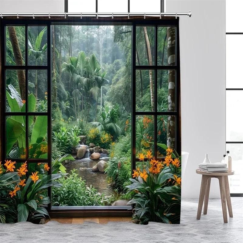 300x180CM Landscape Shower Curtains Green Plants Palm Tree Waterfall Forest Nature Scenery Home Bathroom Curtain Decor Set
