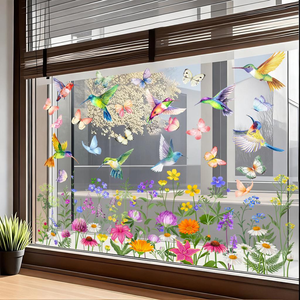 Jarní samolepky na okna Statické samolepky Ptáci na větvích s květinami a motýly pro skleněné dveře Domácí dekorace