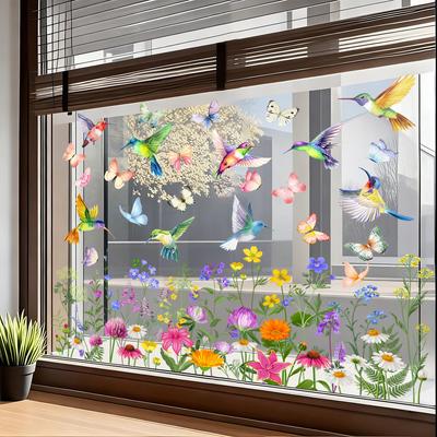 Adesivi Statici Decorativi per Finestre di Primavera Uccelli sui Rami con Fiori e Farfalle per Porta in Vetro Decorazioni per la Casa