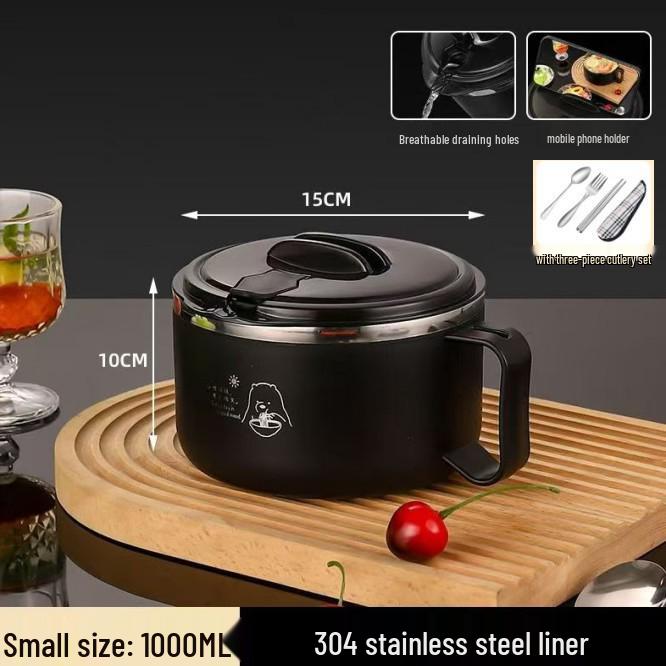 304 Stainless Steel Noodle Bowl with Lid: Large Capacity, Water-Draining for Dorm, Office, or Canteen