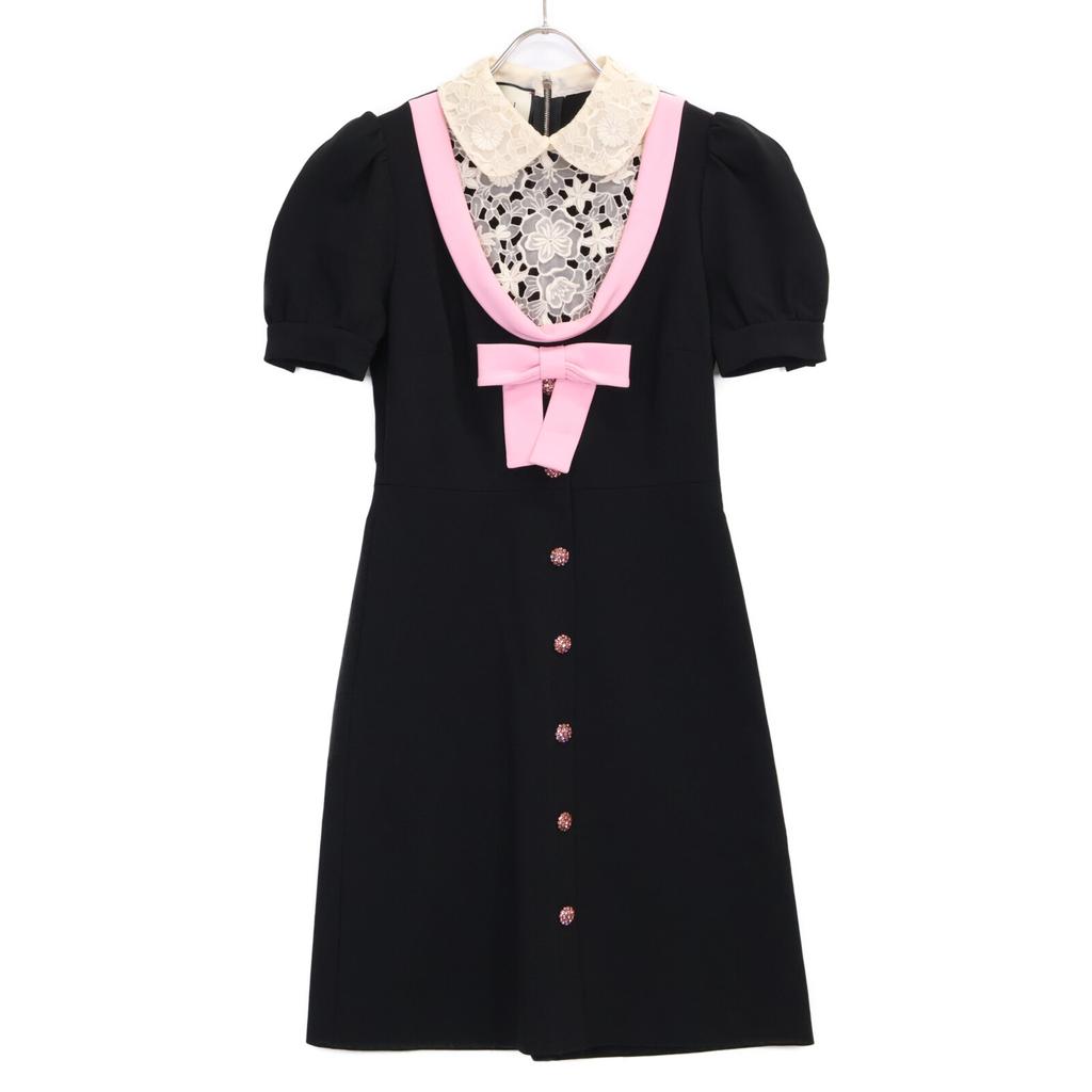 GUCCI 467502 Black x Pink Embroidered Lace Collar Ribbon Design Short Sleeve Dress dress S black/pinkUsed