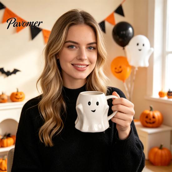 Ergonomic Handle Water Mug Halloween Ghost Ceramic Cup, Cute 3D Smiling Face Novelty Birthday Present Coffee Mug, Decorative Drinkware for Hot