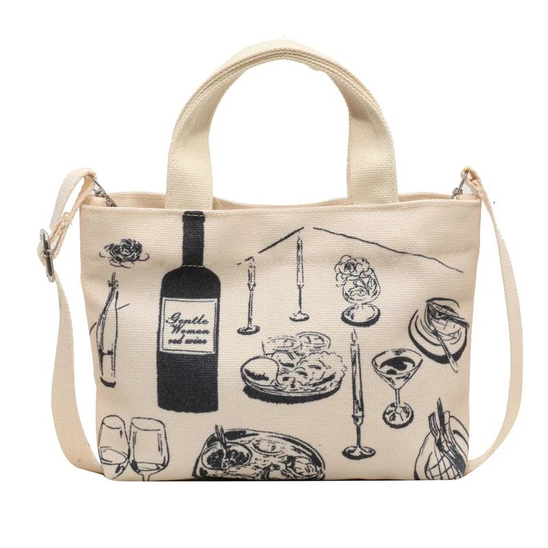 Monochrome bedruckte Umhängetasche aus Canvas mit Gewinde für Damen, lässige, schlichte Tragetasche, Umhängetasche