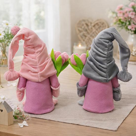 Valentine's Day Plush Gnome with Pink Tulips Spring Stuffed Gnome Doll for Tiered Tray Fireplace Table Decor Gifts for Her Wife Teacher Girls