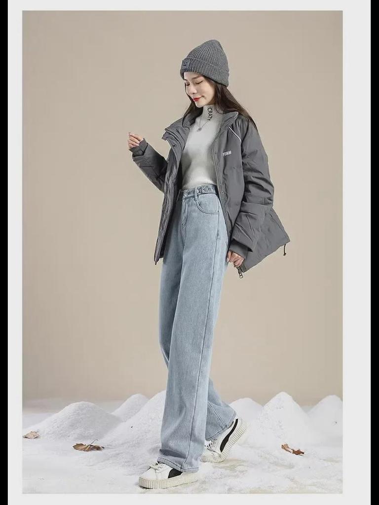 Women's Plush High-Waist Wide-Leg Jeans - Slim, Warm, All-Match Loose Straight Fit for Autumn/Winter
