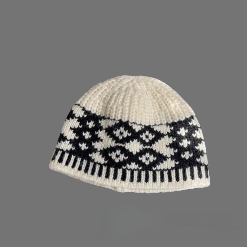 Retro, Diamond Grid Knitted Woolen Hat, Women, Winter, Big Head Circumference, Small Face, Warm and Cold Proof, Hooded Hat, Winter Warm Hat